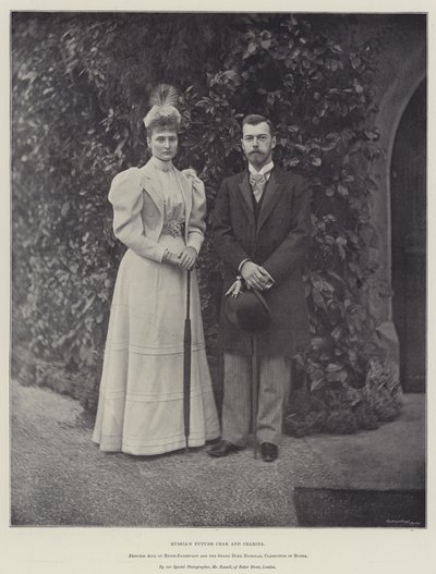 Rysslands framtida tsar och tsarina, prinsessan Alix av Hessen-Darmstadt och storfursten Nicholas, tsarevitch av Ryssland av English Photographer