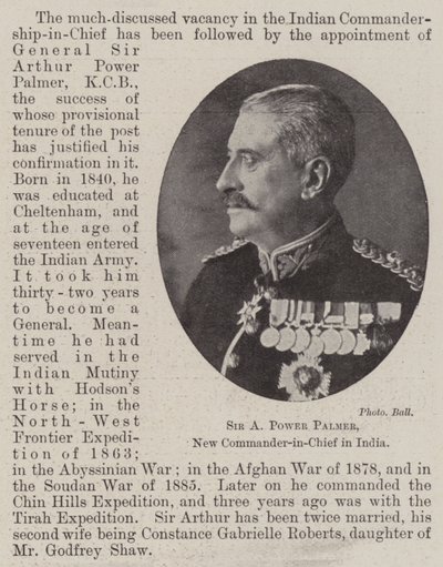 Sir A Power Palmer, ny överbefälhavare i Indien av English Photographer