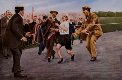 Lider av uttorkning och utmattning. Den italienska idrottaren Dorando Pietri får hjälp över mållinjen för att vinna maraton vid de olympiska spelen i London 1908 av English Photographer