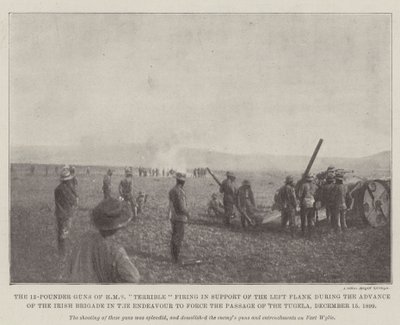 12-pundspistolerna från HMS Terrible skjuter till stöd för vänsterflanken under den irländska brigadens frammarsch i strävan att tvinga fram passagen av Tugela, 15 december 1899 av English Photographer