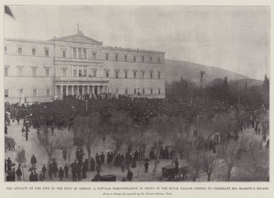 Försöket på kungen av Greklands liv, en populär demonstration framför det kungliga palatset, Aten, för att fira Hans Majestäts flykt av English Photographer