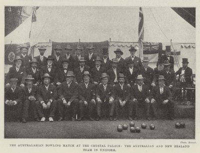 Australasian Bowling Match på Crystal Palace, Australiens och Nya Zeelands lag i uniform av English Photographer
