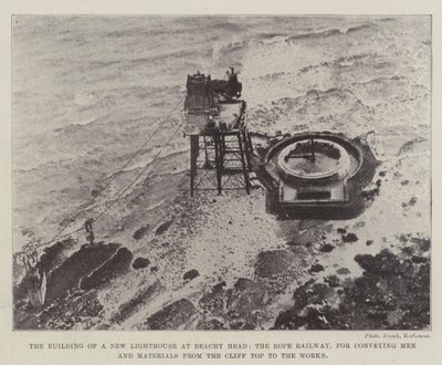 Byggandet av en ny fyr vid Beachy Head, Rope Railway, för att transportera män och material från klipptoppen till verken av English Photographer