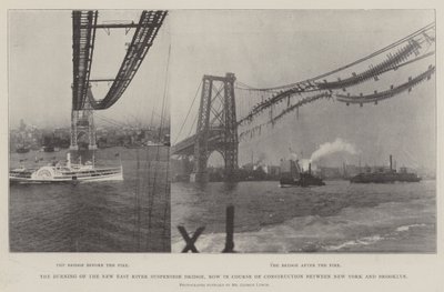 Brännandet av New East River Suspension Bridge, nu under uppbyggnad mellan New York och Brooklyn av English Photographer
