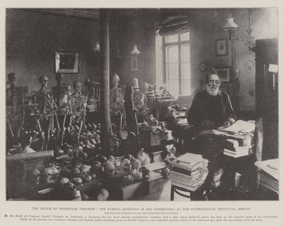 Professor Virchows död, den berömda vetenskapsmannen i hans laboratorium vid det patologiska institutet, Berlin av English Photographer