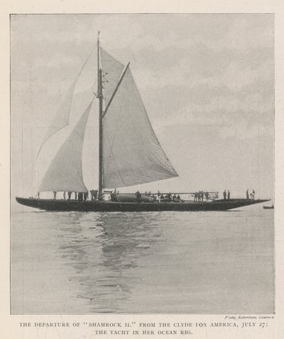The Departure of Shamrock II from the Clyde for America, 27 juli, Yacht in her Ocean Rig av English Photographer