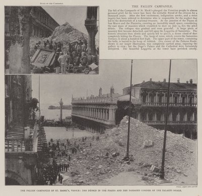 Den fallna Campanile of St Marks, Venedig, skräpet på Piazza och det skadade hörnet av Palazzo Reale av English Photographer