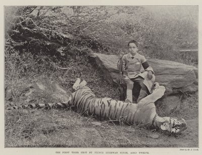 Den första tigern skjuten av prins Bughwan Singh, tolv år gammal av English Photographer
