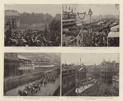 De utländska prinsarna passerar Hyde Park Corner, Sir Wilfrid Laurier, GCMG, Kanadas premiärminister, och Colonial Escort i Pall Mall, Naval Brigade som korsar London Bridge, processionen från Roof of the the av English Photographer