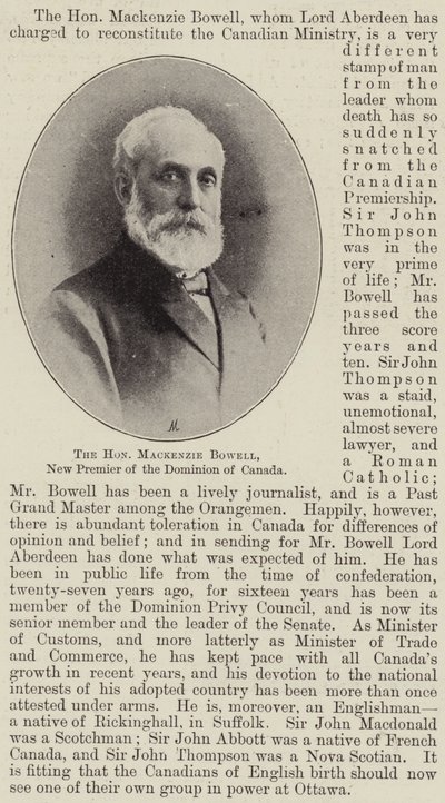 Den ärade Mackenzie Bowell, ny premiärminister för Dominion of Canada av English Photographer