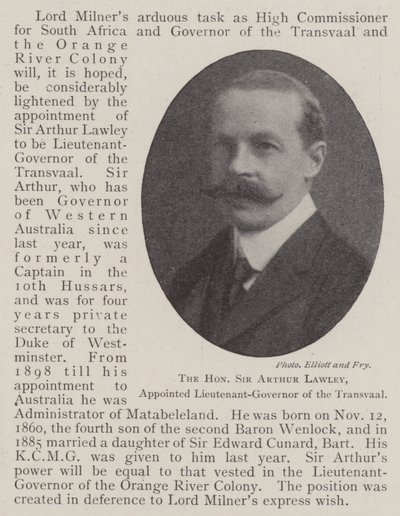 Den ärade Sir Arthur Lawley, utsedd till löjtnant-guvernör i Transvaal av English Photographer
