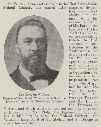 Den ärade Sir W Lyne, premiärminister i New South Wales, som tackade nej till äran att bilda det första federala ministeriet av English Photographer