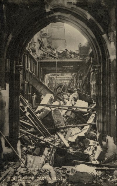 Parlamentets hus, London, som visar bombskador under andra världskriget (b/w foto) av English Photographer