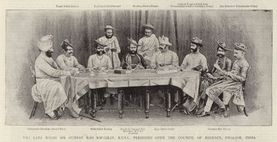Den sene Rajah Sir Gunpat Rao Khudkay, KCSI, presiderar över Regencyrådet, Gwalior, Indien av English Photographer