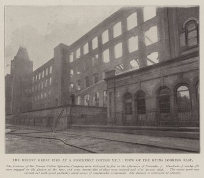 Den senaste stora branden vid en Stockport Cotton Mill, utsikt över ruinerna österut av English Photographer