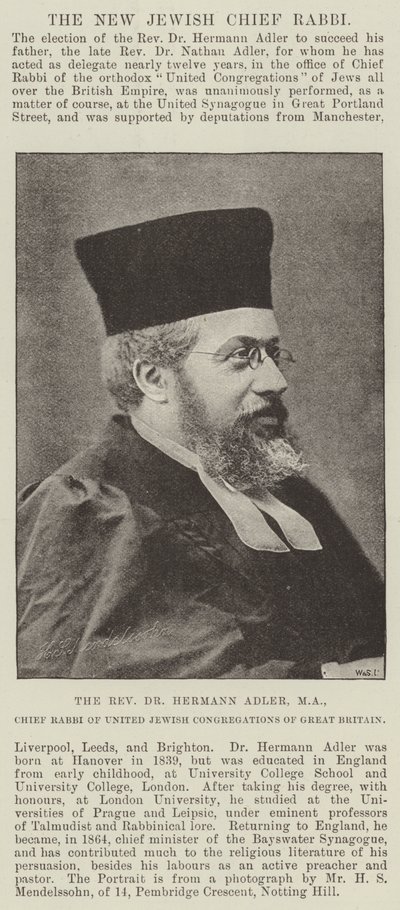 Pastor Dr Hermann Adler, MA, överrabbin för United Jewish Congregations of Great Britain av English Photographer