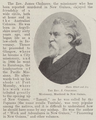 Pastor J Chalmers, missionär, mördad i Nya Guinea, april 1901 av English Photographer