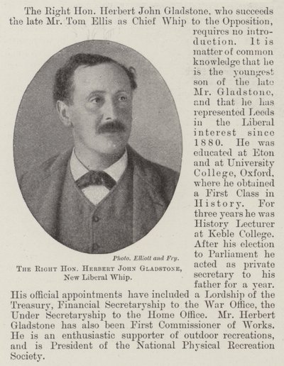 Den rätte ärade Herbert John Gladstone, New Liberal Whip av English Photographer