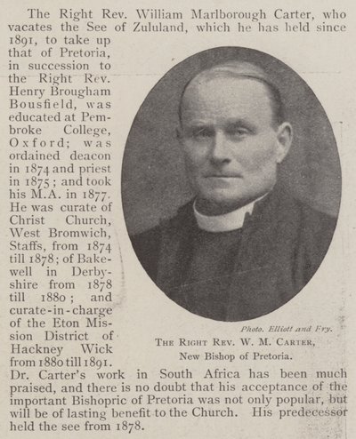 Den högra pastor W M Carter, ny biskop av Pretoria av English Photographer