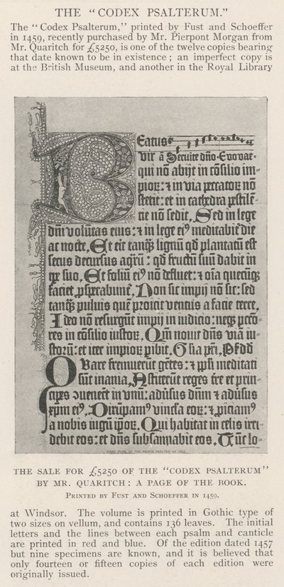 Försäljningen för £5250 av Codex Psalterum av Mr Quaritch, en sida i boken av English Photographer