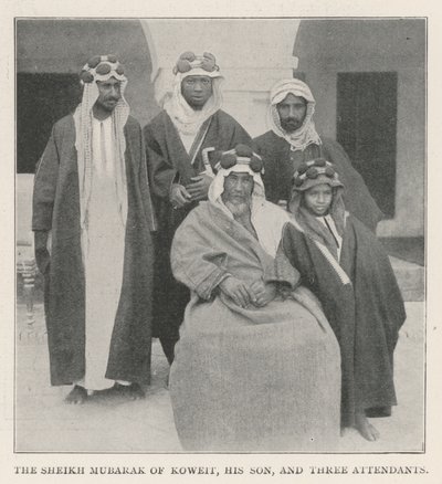 Sheikh Mubarak av Koweit, hans Son och tre skötare av English Photographer