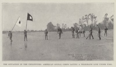 Situationen i Filippinerna, American Signal Corps lägger en telegraflinje under eld av English Photographer