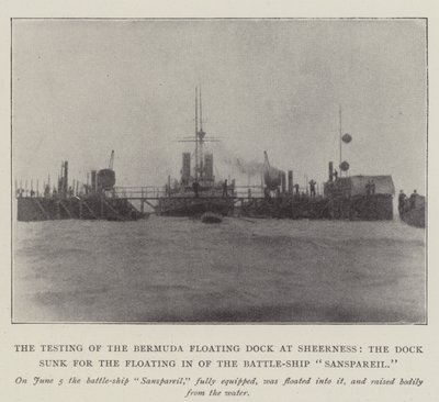 Testningen av Bermudas flytdocka vid Sheerness, dockan sänkt för inflyttning av Battle-Ship Sanspareil av English Photographer