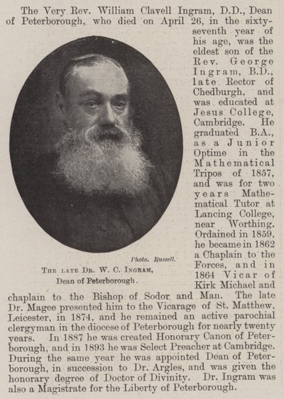 Den framlidne Dr W C Ingram, dekanus i Peterborough av English Photographer