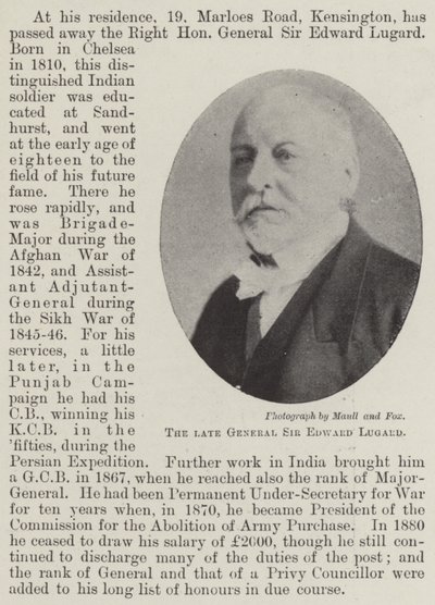 Den avlidne general Sir Edward Lugard av English Photographer