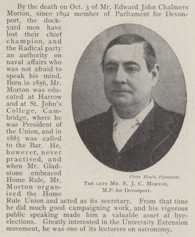 Den bortgångne Mr E J C Morton, MP för Devonport av English Photographer
