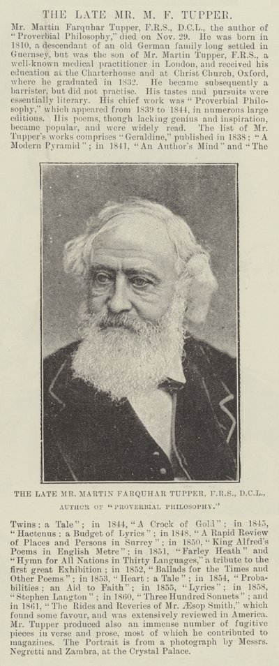 Den framlidne herr Martin Farquhar Tupper, FRS, DCL, författare till känd filosofi av English Photographer