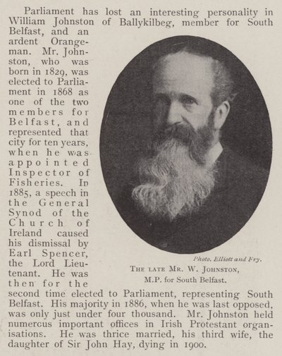Den bortgångne Mr W Johnston, MP för South Belfast av English Photographer