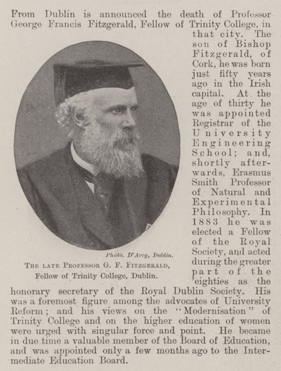 Den framlidne professorn G F Fitzgerald, Fellow vid Trinity College, Dublin av English Photographer