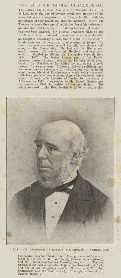 Den framlidne Recorder of London, Sir Thomas Chambers, QC av English Photographer
