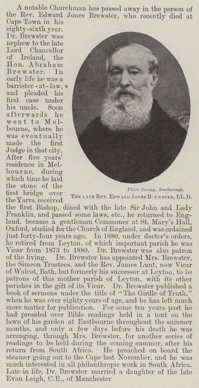 Den framlidne pastor Edward Jones Brewster, LLD av English Photographer