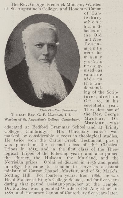 Den framlidne pastor GF Maclear, DD, Warden of St Augustines College, Canterbury av English Photographer