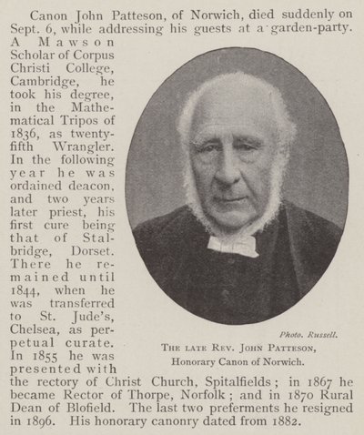 Avlidne pastor John Patteson, hederskanon av Norwich av English Photographer