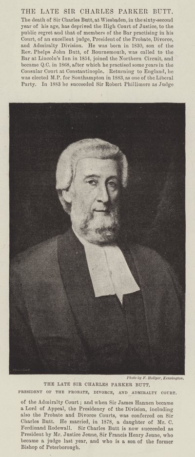 Den avlidne Sir Charles Parker Butt, ordförande för domstolen för bouppteckning, skilsmässa och amiralitet av English Photographer
