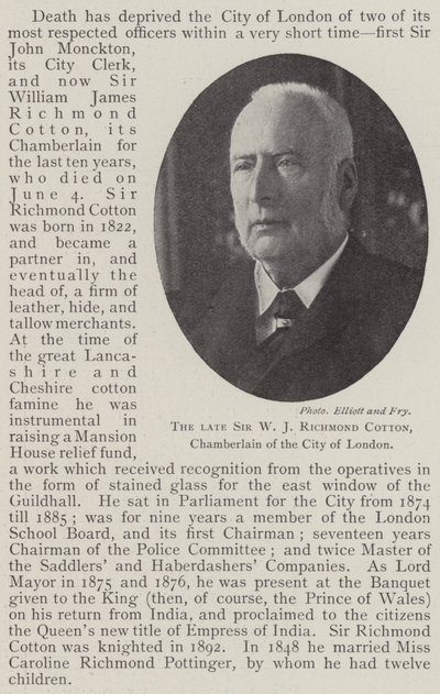 Den framlidne Sir W J Richmond Cotton, kammarherre i London City av English Photographer