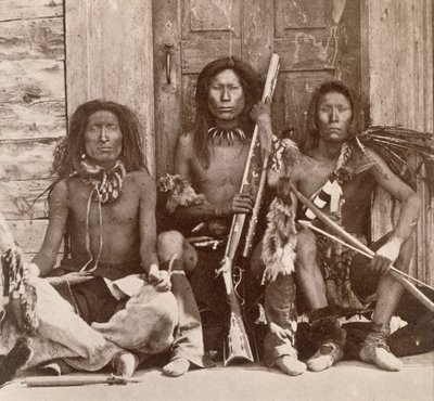 Three Indian Braves, fotograferade av Royal Engineers on the Forty-ninth Parallel (sepiafoto) av English Photographer