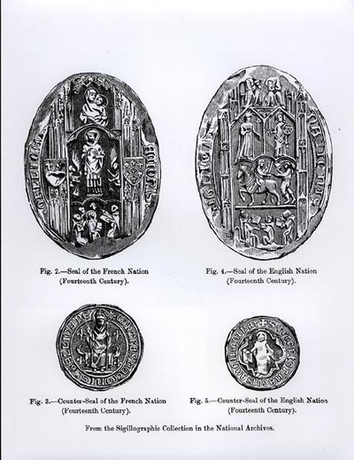 1300-talets sigill av de franska och engelska nationerna, illustration från "Science and Literature of the Middle Ages and the Renaissance", skriven och graverad av Paul Lacroix av English School