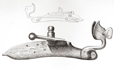 Tändstickslås från 1600-talet. Mekanism eller lås som används för att avfyra ett handhållet skjutvapen, från The British Army: Its Origins, Progress and Equipment, publicerad 1868. av English School