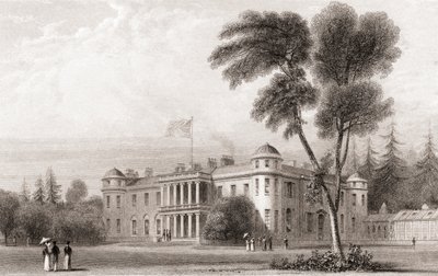 1800-talsvy av Goodwood House, West Sussex, södra England. Från Churton