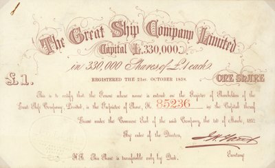 Ett aktiecertifikat på £1 utfärdat av The Great Ship Company Limited av English School
