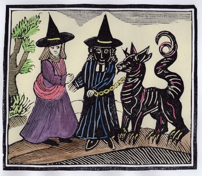 En svart och en vit häxa med ett djävulsdjur, illustration från en samling kapböcker om esoterica (senare färgläggning) av English School