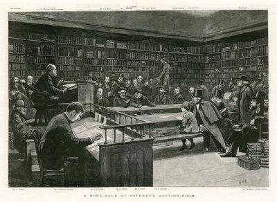 En bokförsäljning på Sothebys Auction Room av English School