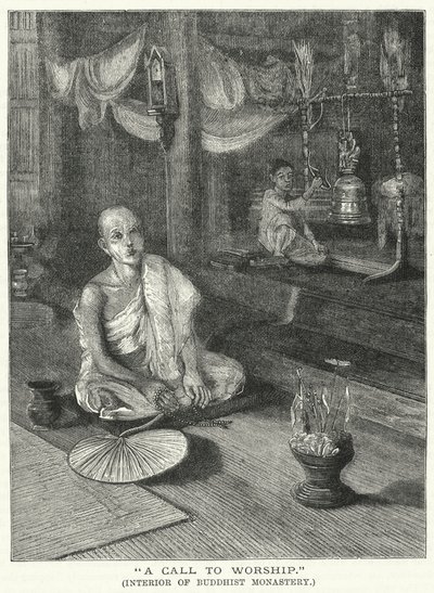 "A Call to Worship," Interiör av Buddhist Monastery (gravyr) av English School