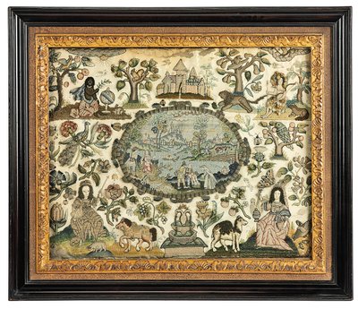 En Karl II handarbetsbild av Afrika och den nya världen, c.1660-70 av English School