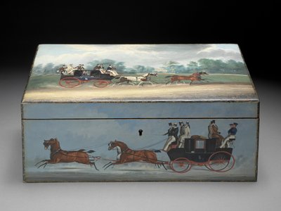 En cigarrlåda målad med scener från Taglioni-tryck, ca 1840 (olja på fruktträ) (se 285536 för bakifrån) av English School