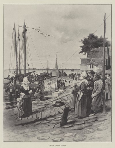 En holländsk fiskeby (litho) av English School